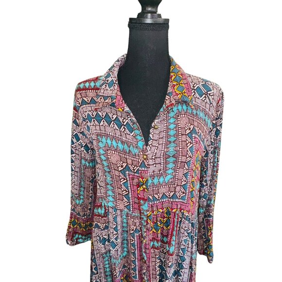 Boho Uncle Frank Anthropologie Multicolor Aztec Shirt Dress Coastal Cowgirl M - Picture 3 of 10